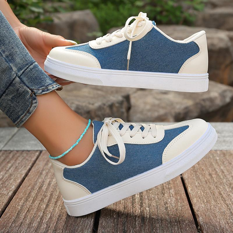 Fashion Women's Fashion Lace Up Casual Sneakers Blue Denim Mix Color Flat Shoes Woman Lightweight Non Slip Sports Shoes Plus Size 36-43