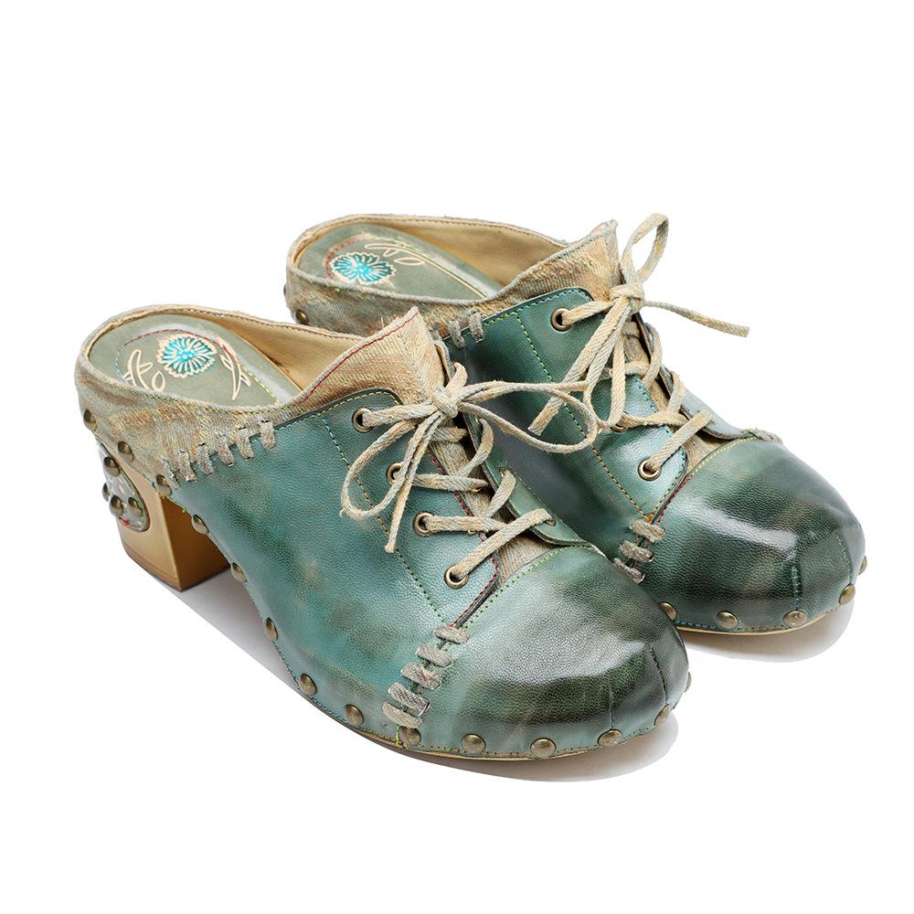 Johnature Genuine Leather Retro Outside Slippers Riveted Thick Heeled High Heels Slides Sandals Women Shoes