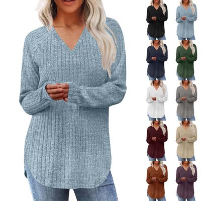 Camiseta de Punto de Manga Larga Holgada de Moda para Mujer en Color Sólido Top