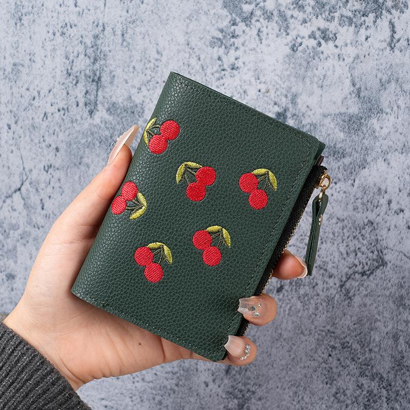 Cute Cherry Embroidered Small Short Wallet Simple Wallet Girls Multi-Cards Holder Coin Zipper Purse for Women