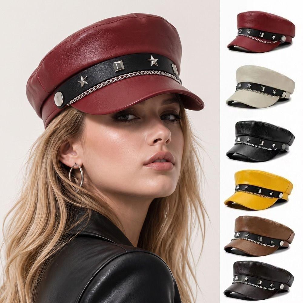 Y2k Star Rivet Beret Punk Octagonal Cap Vintage Flat Top Cap for Girls