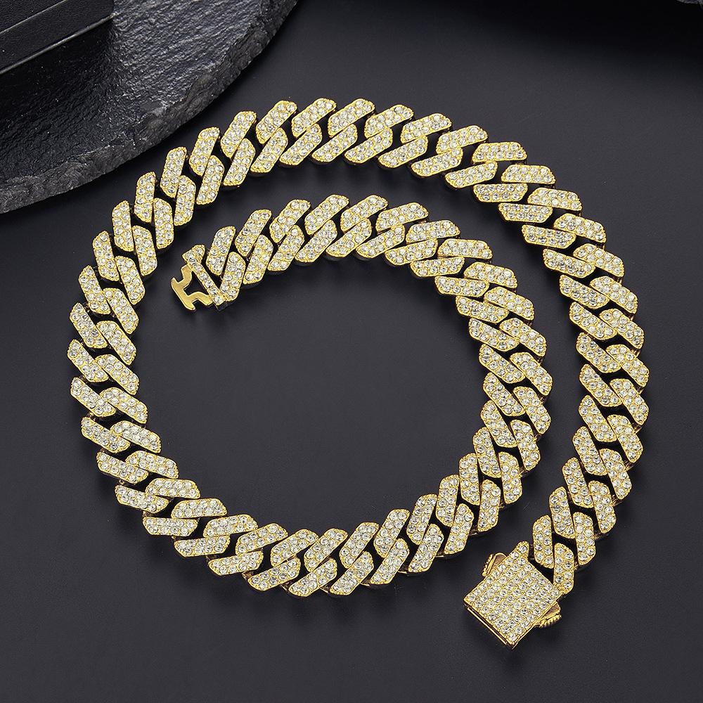 New Cuban Chain 14mm Fashionable and Simple Full Diamond Bar Hip Hop Necklace