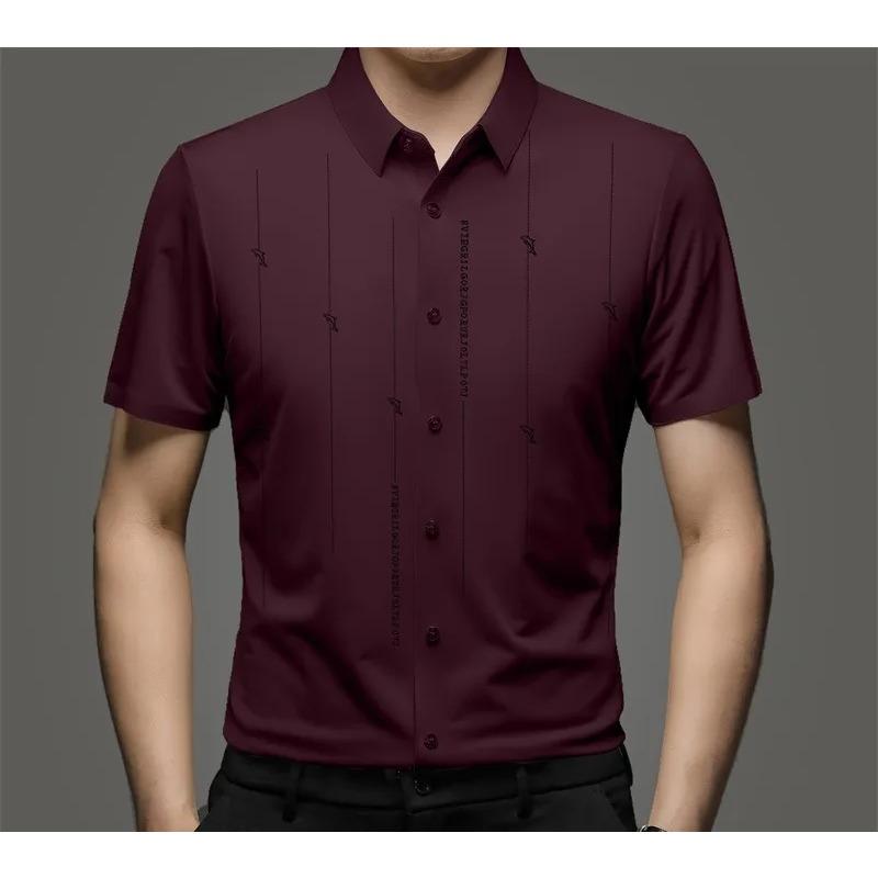 

Summer New Shirts for Men Short Sleeve Turn-down Collar Traceless Printing Fashion Blouse Button Striped Casual Loose Slim Tops 4XL вина червоного кольору