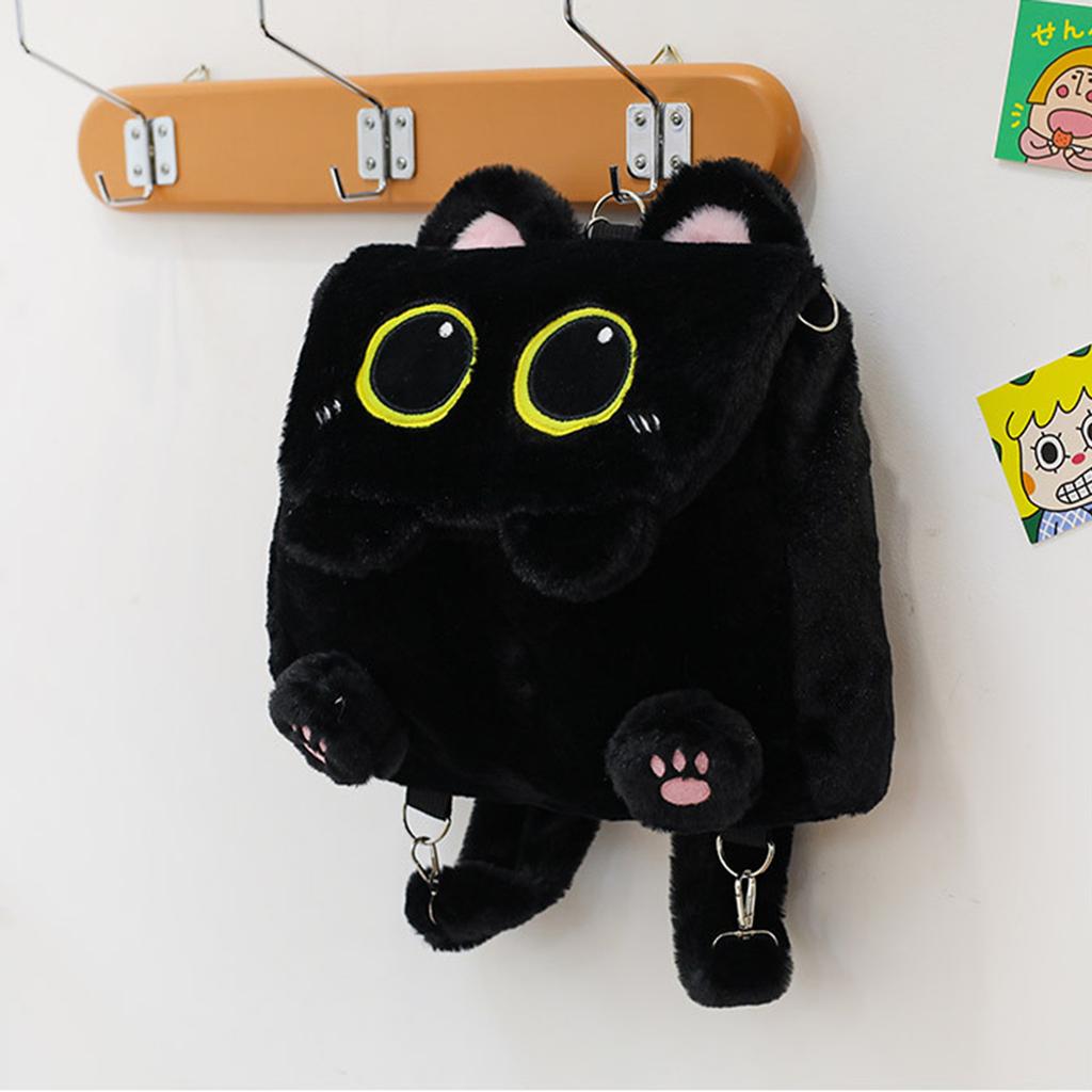 Schwarzer Katzen-Plüschrucksack für Mädchen Niedliches Kätzchen-Design Große Kapazität Leichtgewichtige Schultasche für Schüler Reisen Tägliche Nutzung