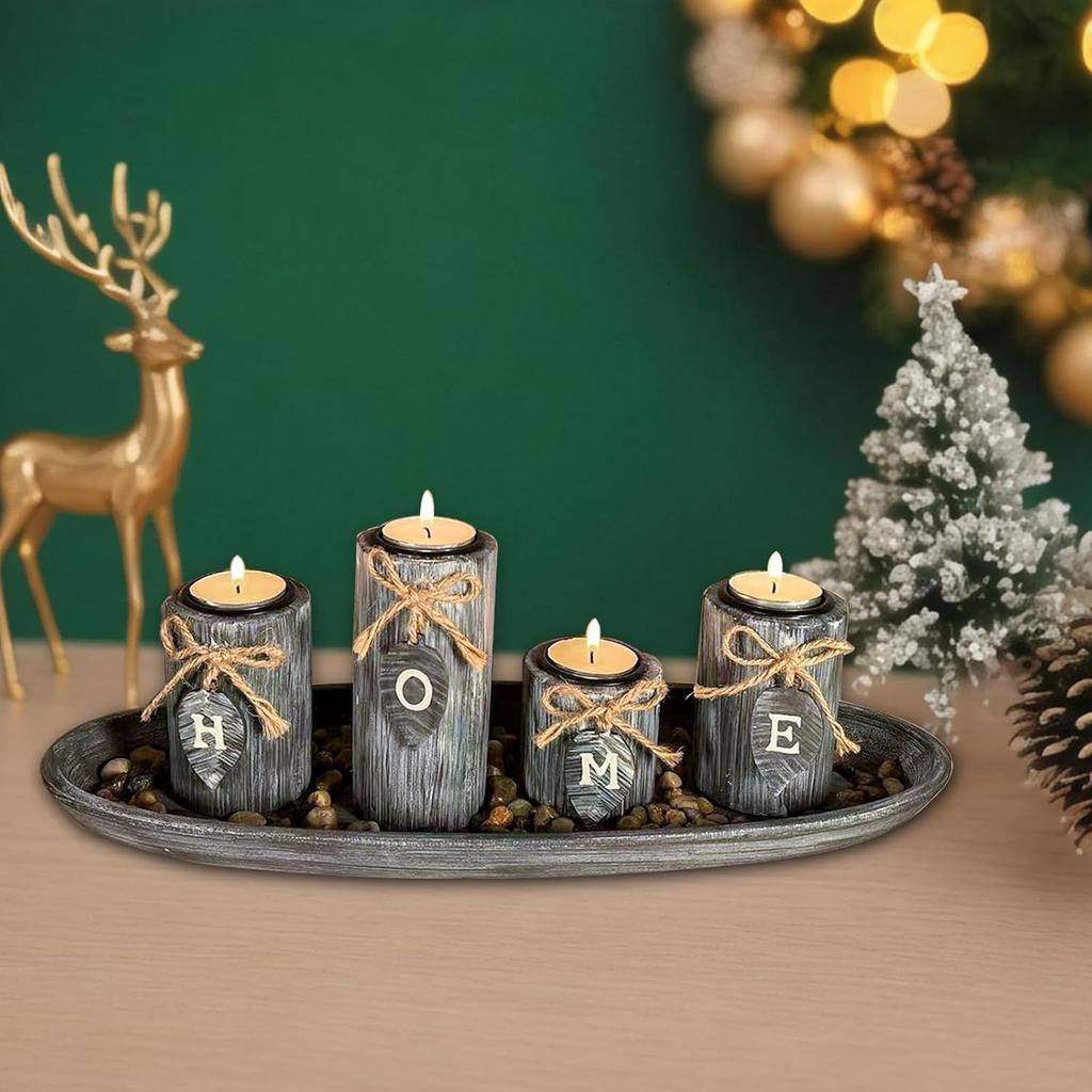 Wooden Candle Holders Centerpieces for Living Room Coffee Table Decorations,Farmhouse Table Decor Tealight Candles Holders with Rustic