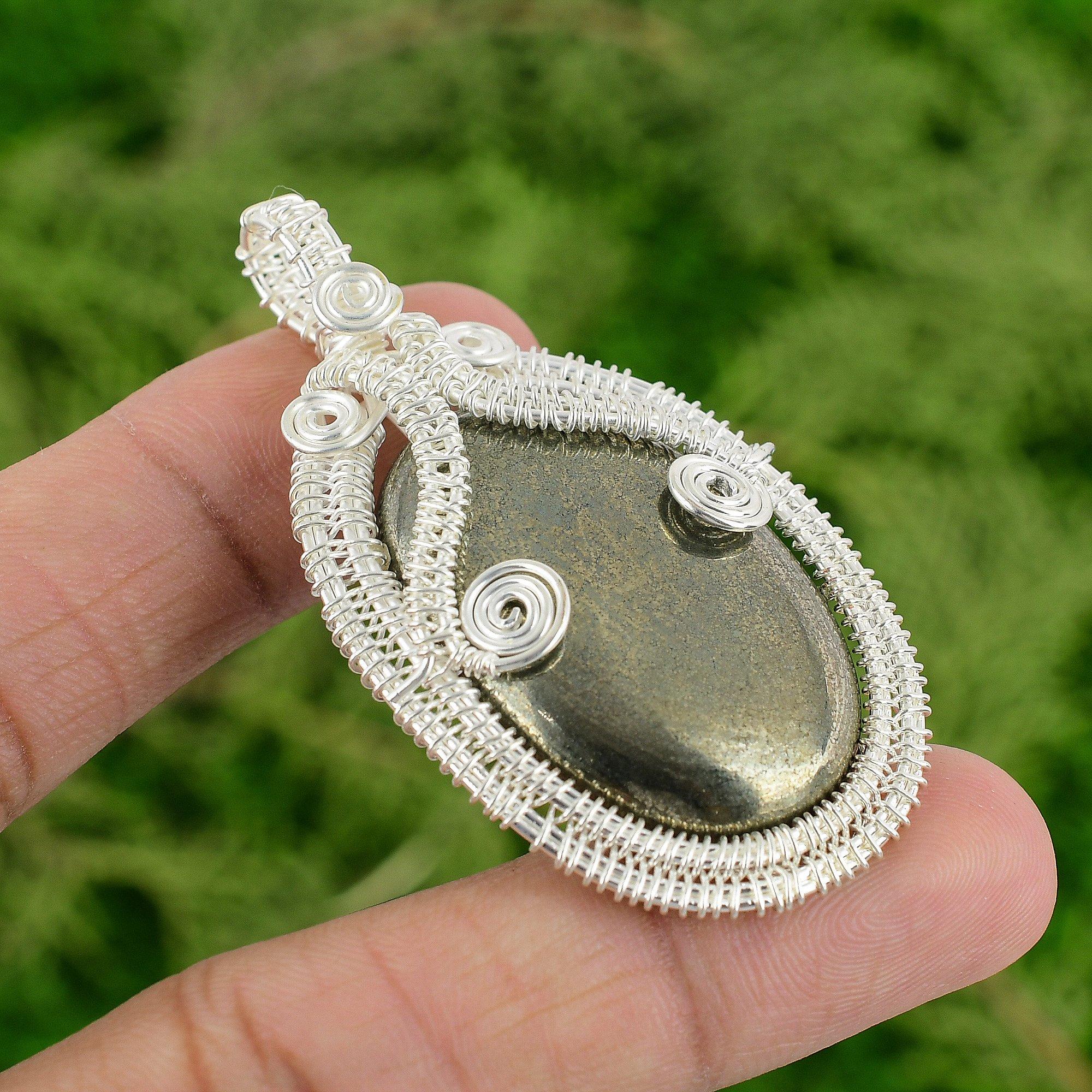 

Oval Pyrite Stone Elegant Mother Wire Wrapping Bezel Pendant 925 Sterling Silver