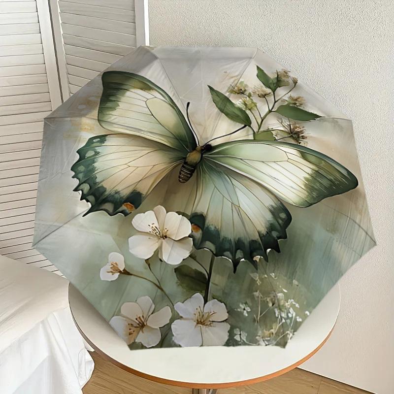 1PC Butterfly White Flowers Automatic Open/Close Umbrella with Windproof, 8-Rib Sturdy Canopy, Durable Ribs, Fashionable Design,1264