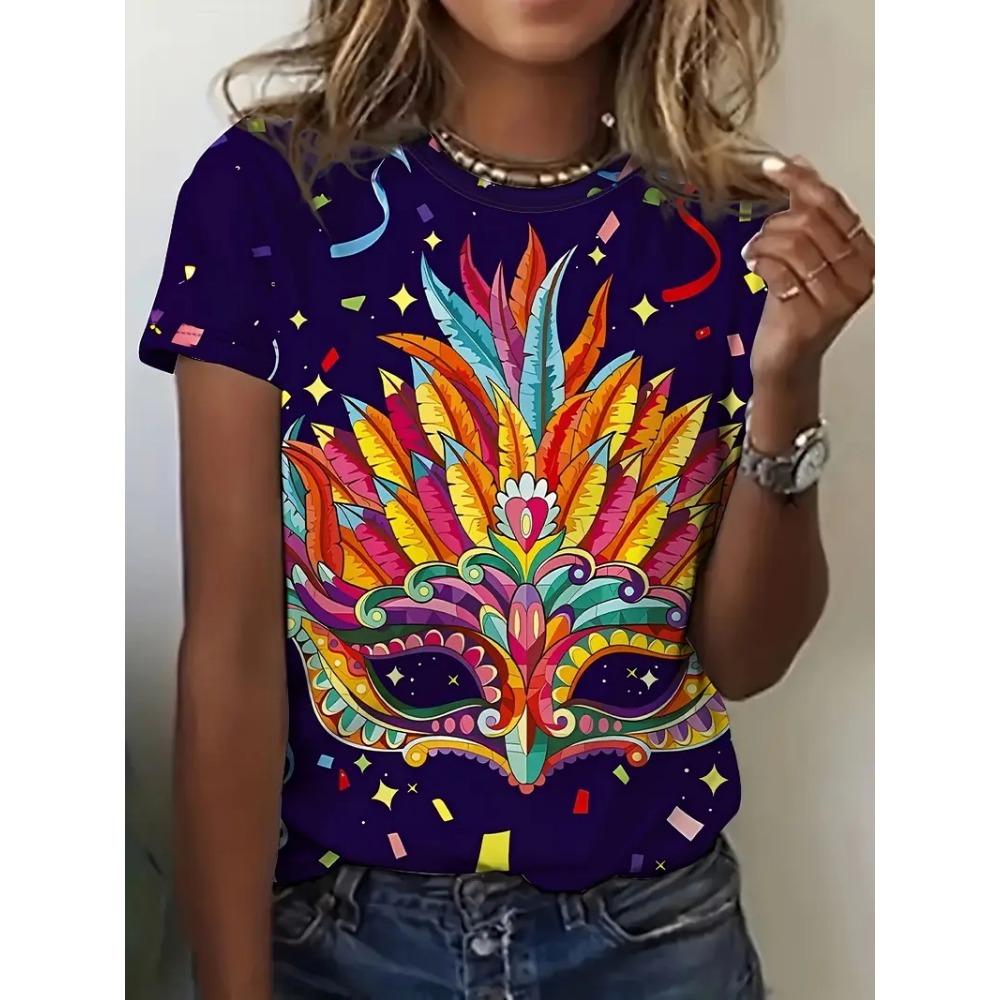 Full Print Women Mardi Gras Mask Pattern T Shirt Casual Short Sleeve Crew Neck Tees Shirt New In Party Tshirts Women's Clothing