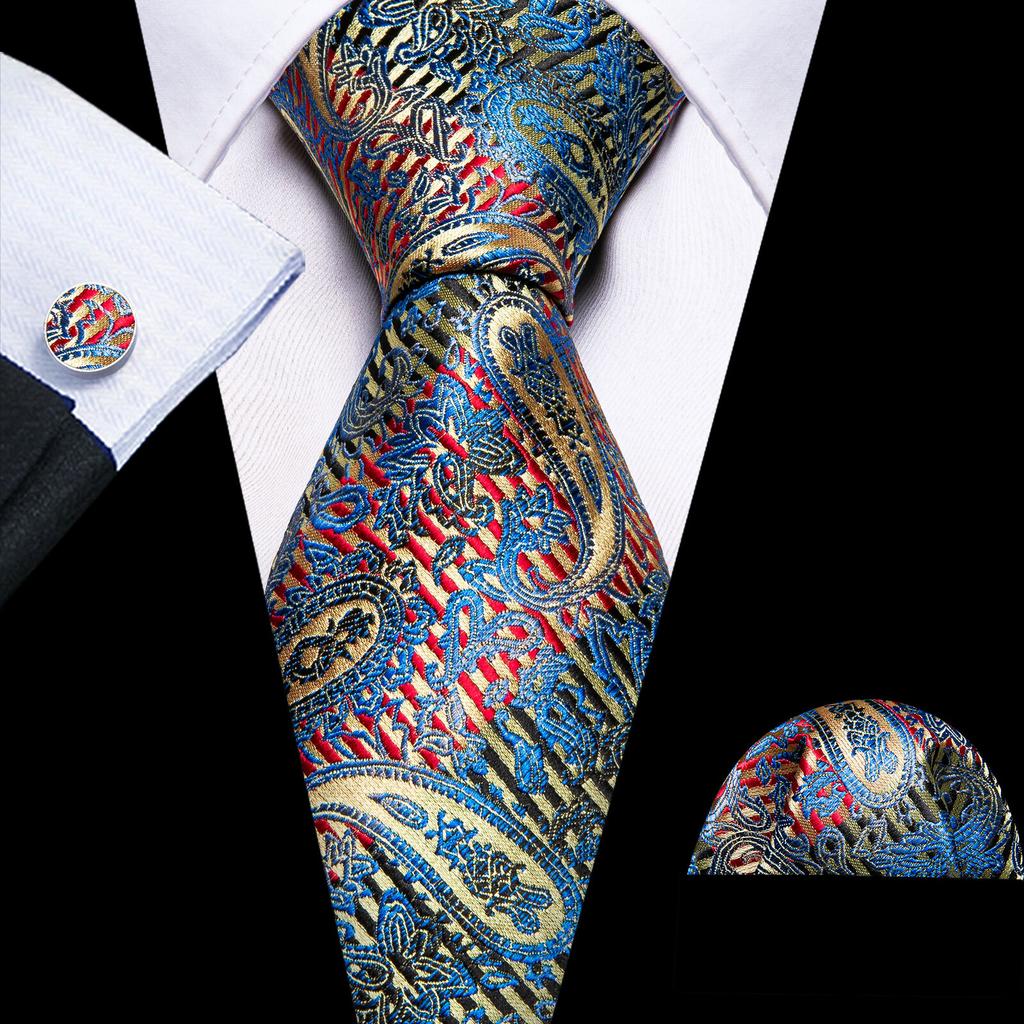 Barry.Wang Floral Ties for Men Woven Paisley Wedding Necktie Handkerchief Cufflinks Formal Casual Set