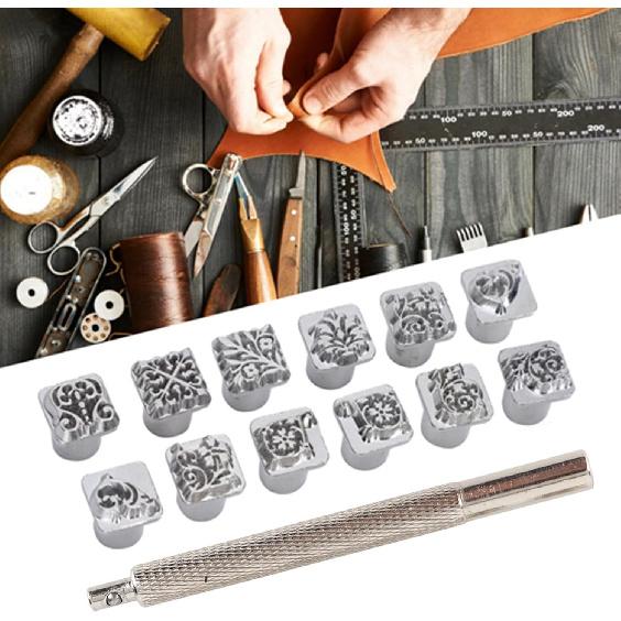12PCS Leather Stamping Tools, 12 Patterns Zinc Alloy Leather Craft Stamps Punch Set Tool, Flower Design Leather Stamper for Leather Craft DIY Jewelry