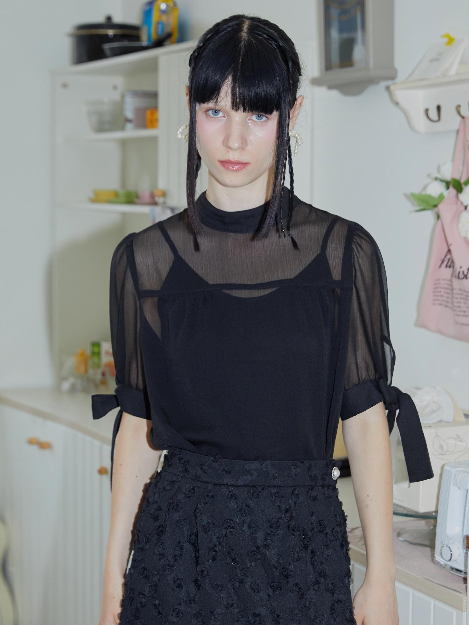 Illustrious Illusion Black Chiffon Ribbon Blouse Black