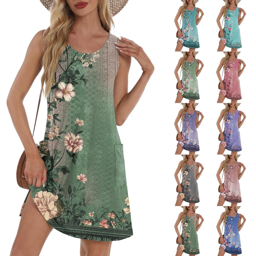 Dámské volné ležérní šaty s potiskem, vesta, šaty na ramínka, šaty s kapsami, šaty na ramínka, šaty s kapsami