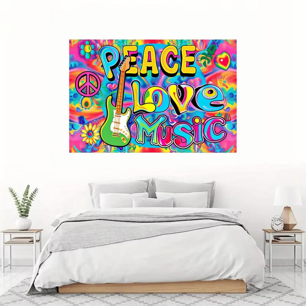 Peaceful Love Background Hippie Carnival Tapestry Party Photo Pavilion Colorful Flowers Guitar Banner Decoration