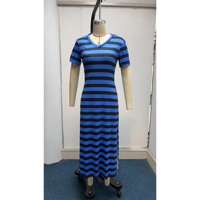 Women s Short-sleeved V-neck Loose Slit Striped Long Dress S