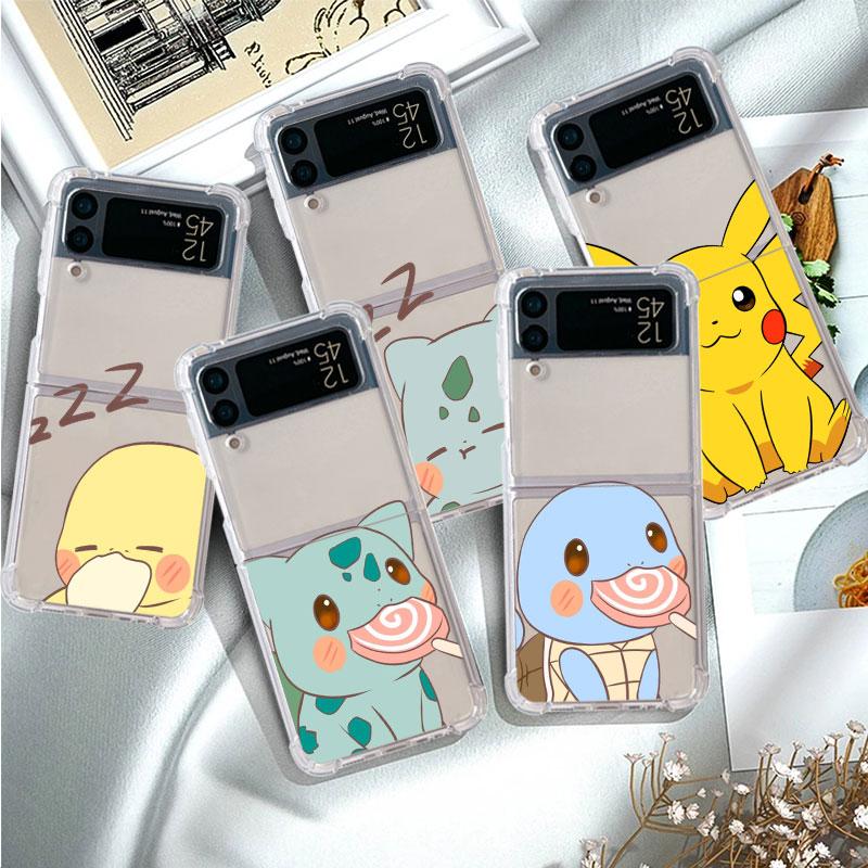 Luxury Case For Samsung Galaxy Z Flip 3 4 5G Funda Z Flip3 Clear PC Hard Shockproof Back Phone Coque Shell Pikachu Pokemon