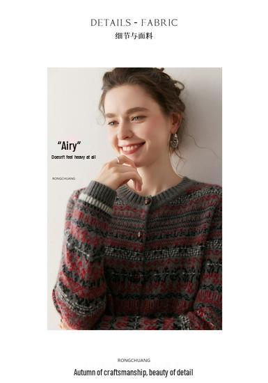 Women's Fashionable Cashmere Cardigan - Round Neck, Inlaid Pattern, Loose Fit, Warm for Autumn/Winter