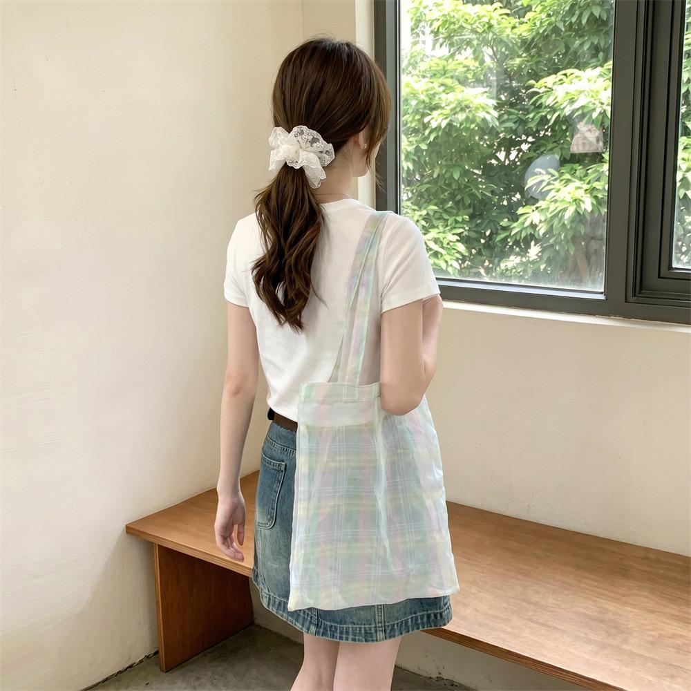 Macaron Plaid Fabric Tote Bag With Open Top For Casual Summer Outings