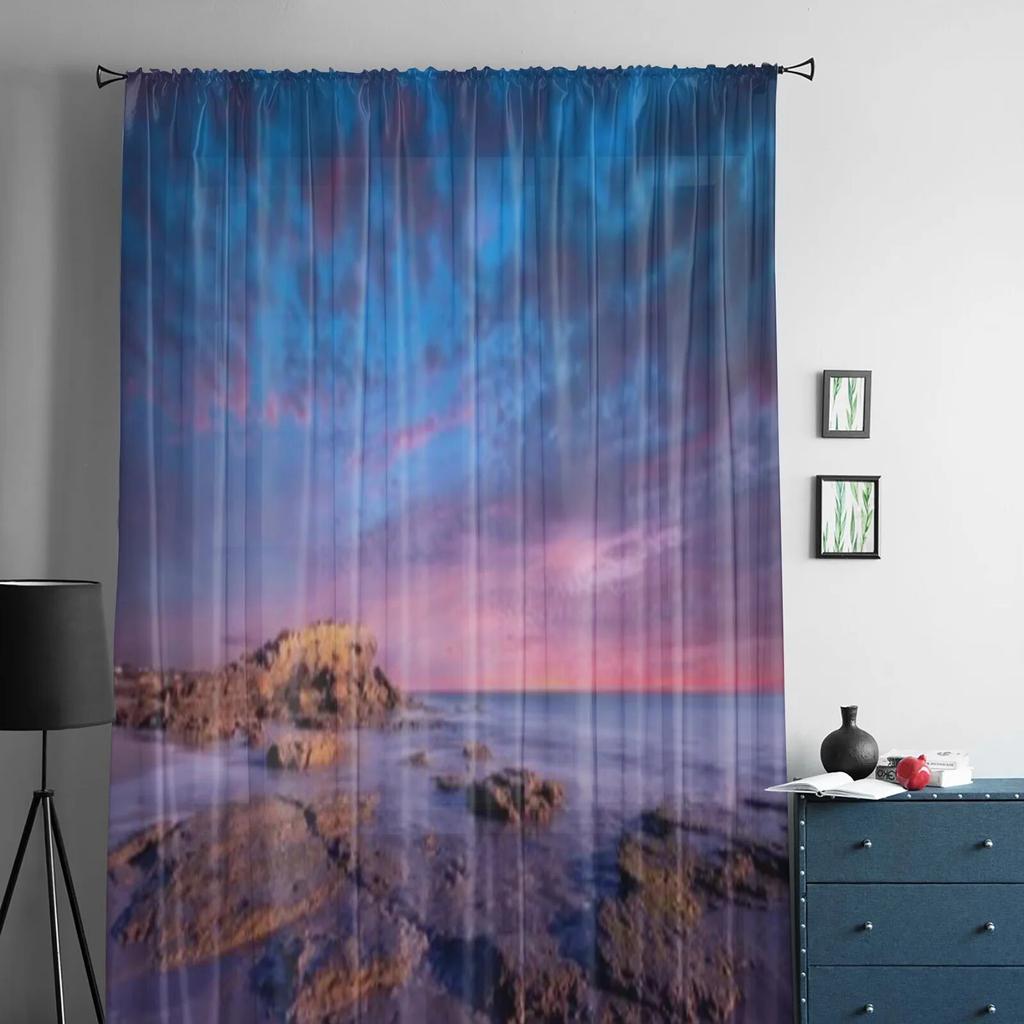 Gorgeous Sunset Over Rocks Tulle Curtains For Living Room Sheer Curtain Bedroom Veil Organza Decorative Window Treatments