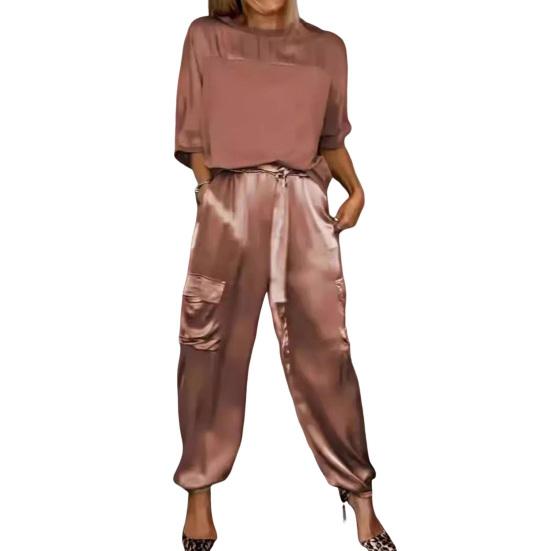 2 pezzi/set donna top pantaloni tuta raso superficie liscia mezze maniche scollo a V maglietta larga allacciatura pantaloni di colore puro con tasche signora casual tuta pantalone