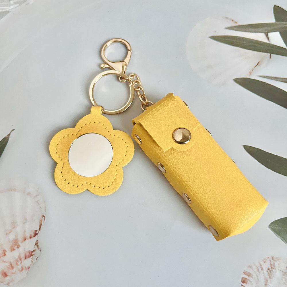 Portable Lipstick Bag Packet PU Leather Backpack Hangings New Flower Mirror Keychain  Keyring Gift