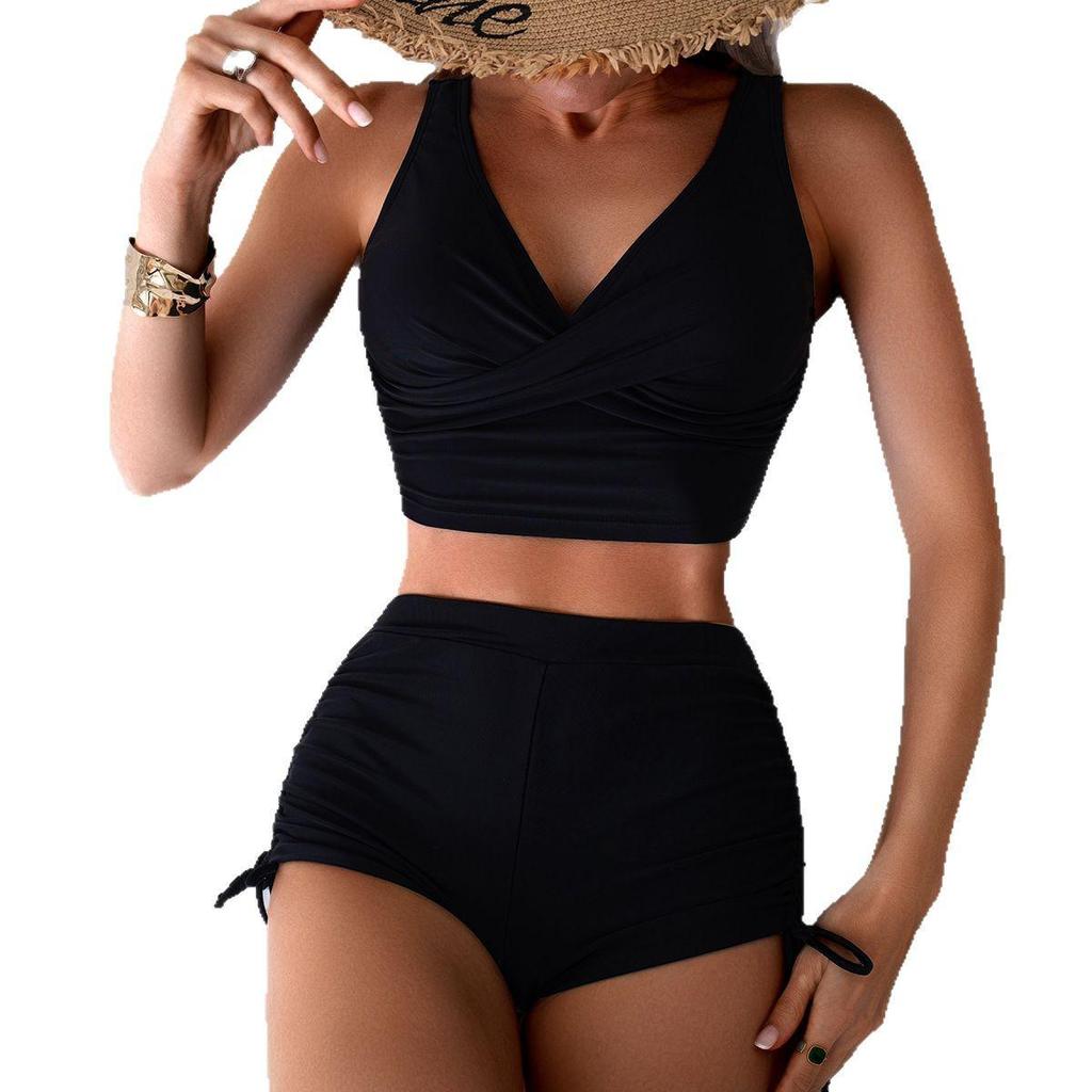 Damski Zestaw Tankini w Jednolitym Kolorze z Dekoltem V i Sznurkiem Ściągającym, Krój Boyleg