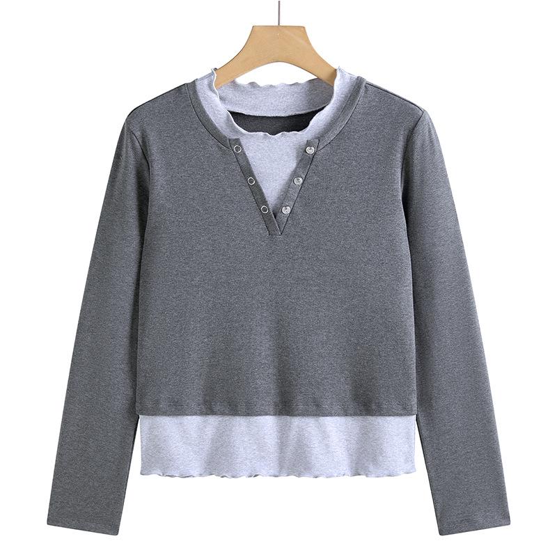 

Хлопковая футболка с длинным рукавом облегающего кроя в корейском стиле с цветовыми блоками для женщин L серый