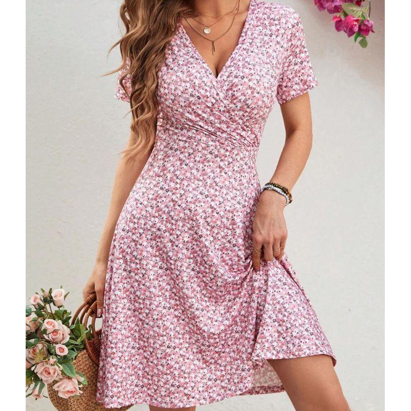 

Sweet Fresh Summer New French style Fashion V-neck Small Floral Slim fit Short sleeve Dress Midi Dress Women Dress Pink(Figure) L