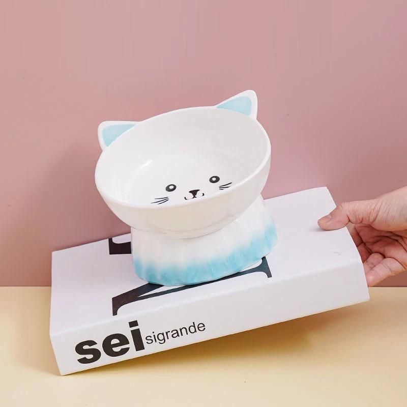 Cartoon Cute Ceramic Dog Cat Food Bowl, High Foot, Overturn Proof, Large Caliber, Neck Protection, Creative Pet Bowl, 1Pc