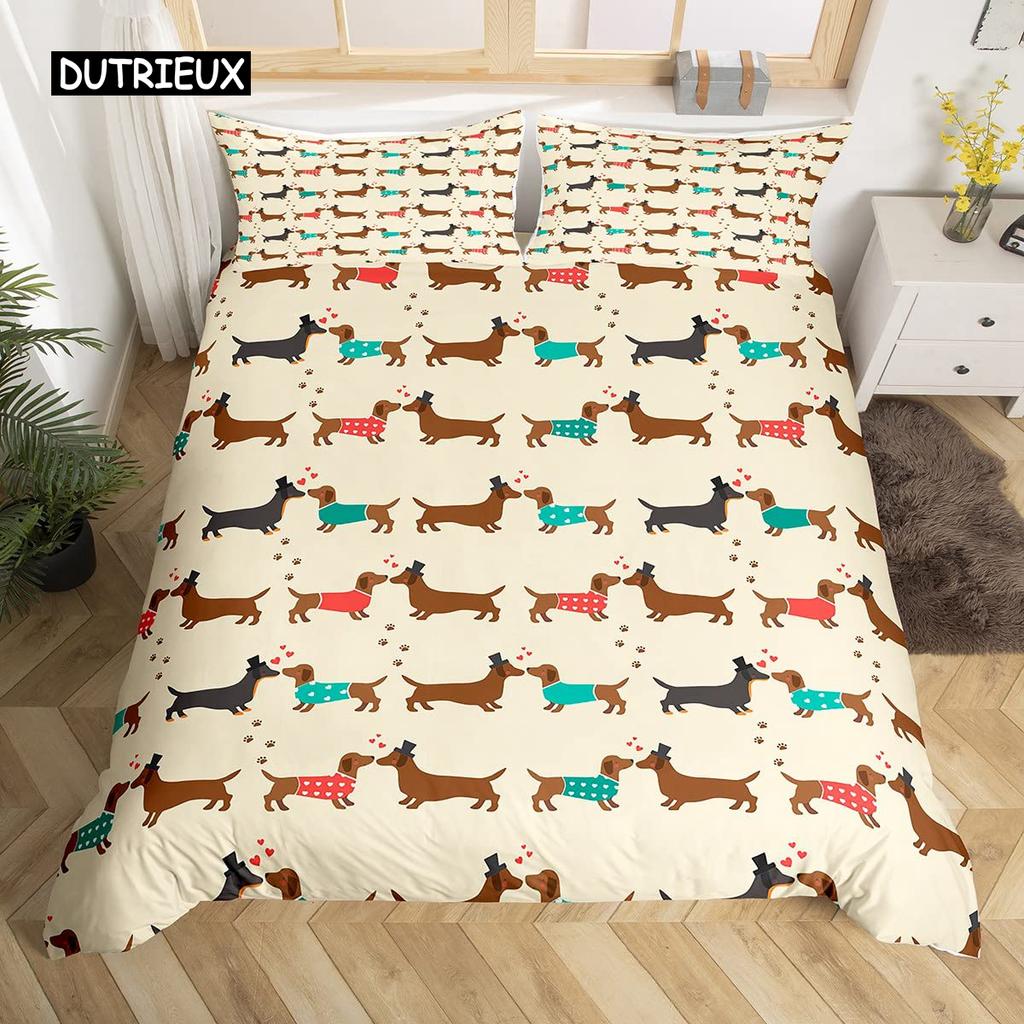 Cartoon Dachshund Bedding Set Cute Sausage Dog Duvet Cover Set Pet Puppy Printed Comforter Cover Animal Polyester Quilt Cover