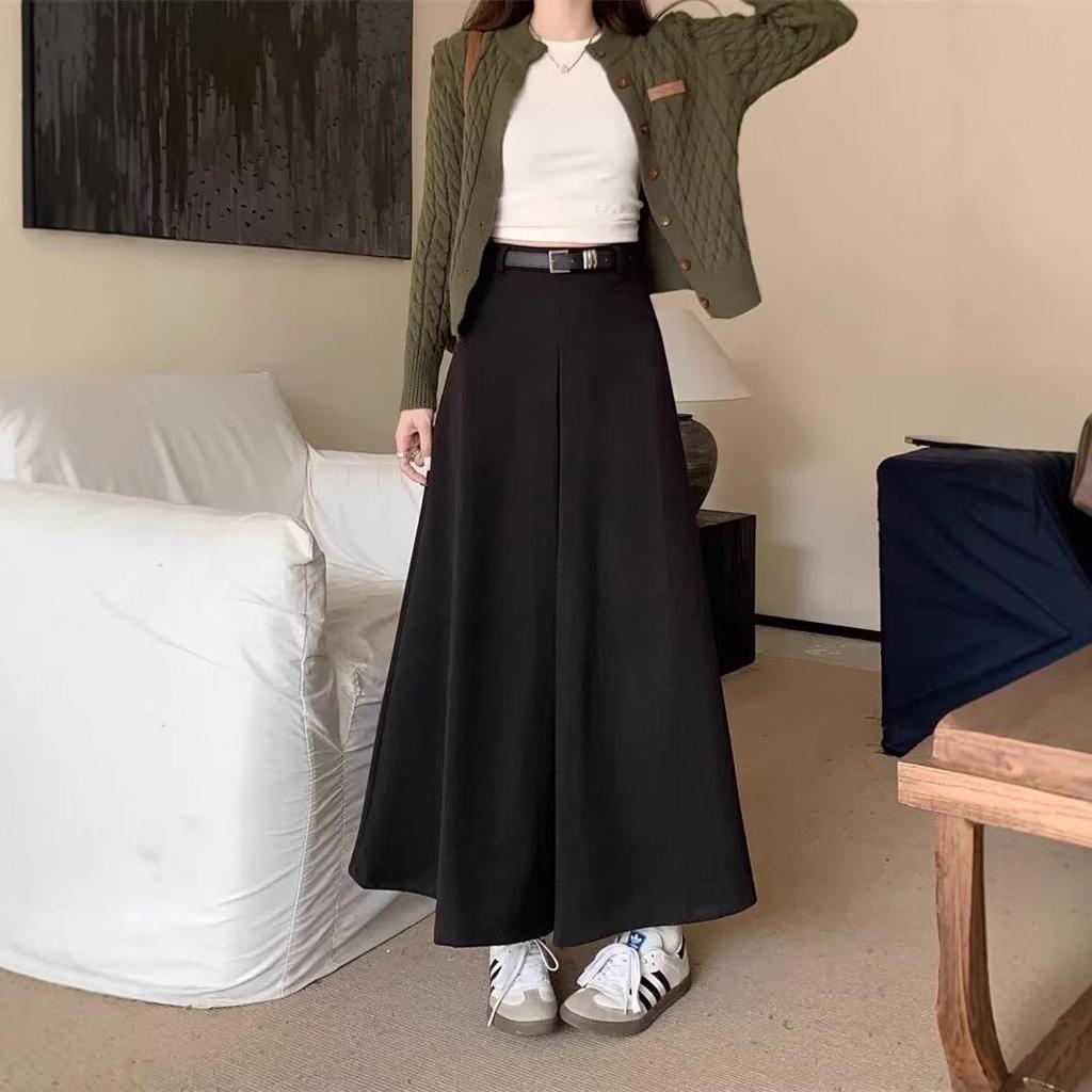 Autumn & Winter High-Waisted A-Line Wool Skirt with Ruffles & Full Swing
