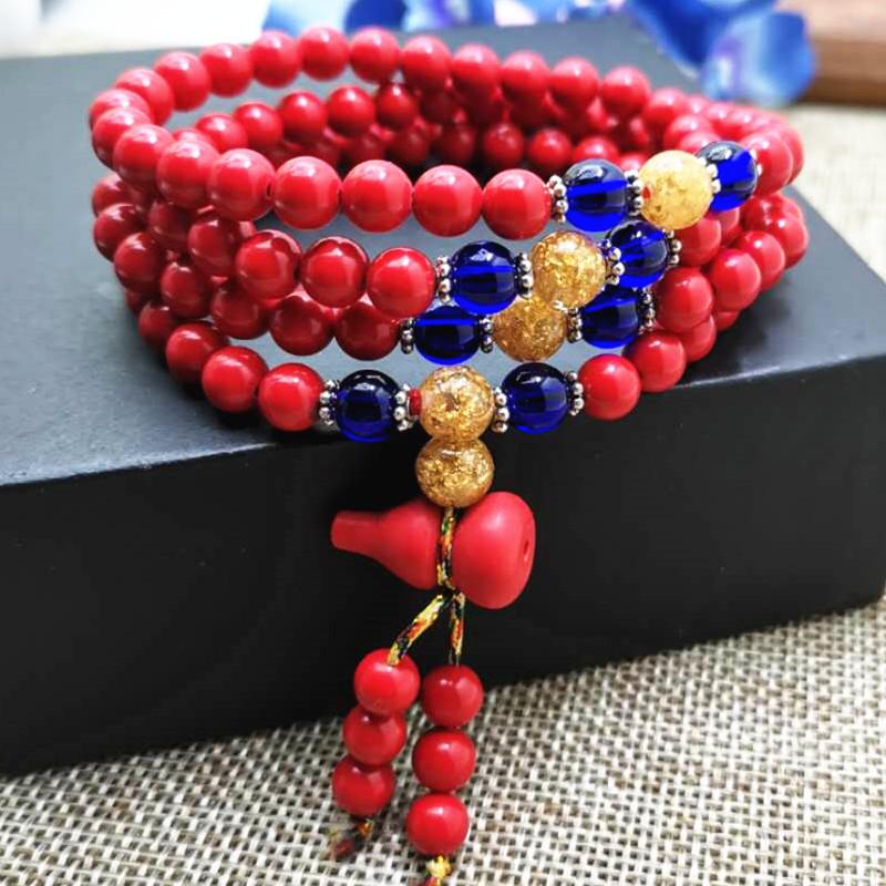 Vintage Chinese Style Red Zodiac Year Bracelet, Buddhist Beads, Prayer Beads, Pendant, Bracelet for Women, Cinnabar Red Crystal, Couple's Jewelry