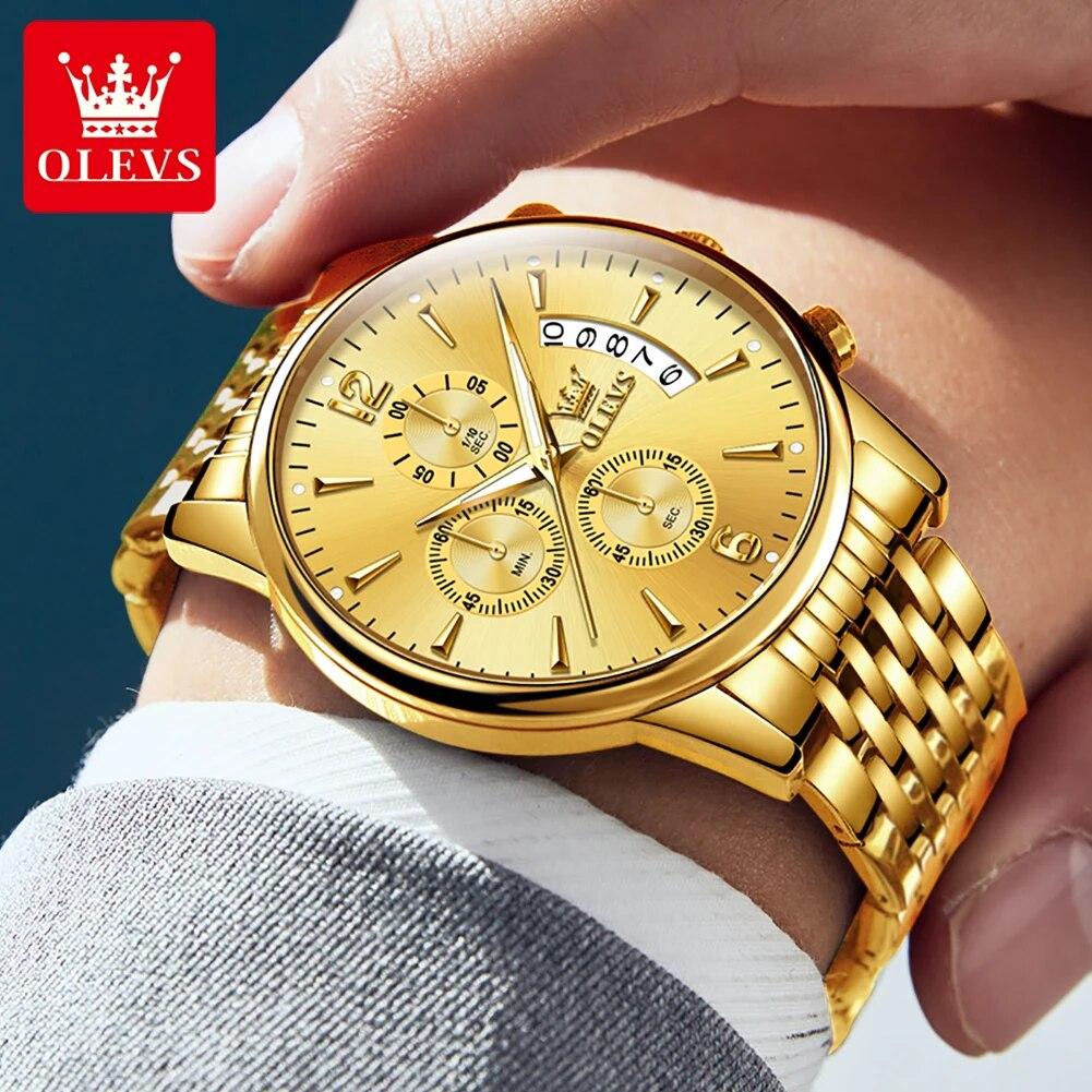 OLEVS Men's Watches Waterproof Luminous Sport Watch Chronograph Multifunction Business Fashion Gold Men's Quartz Watch