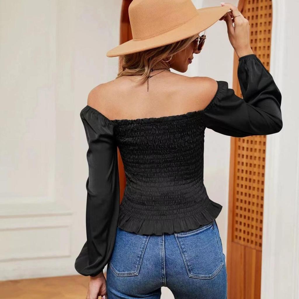2024 European & American Spring/Summer Off-Shoulder Ruffle Smocked Long Sleeve Slimming Top for Women