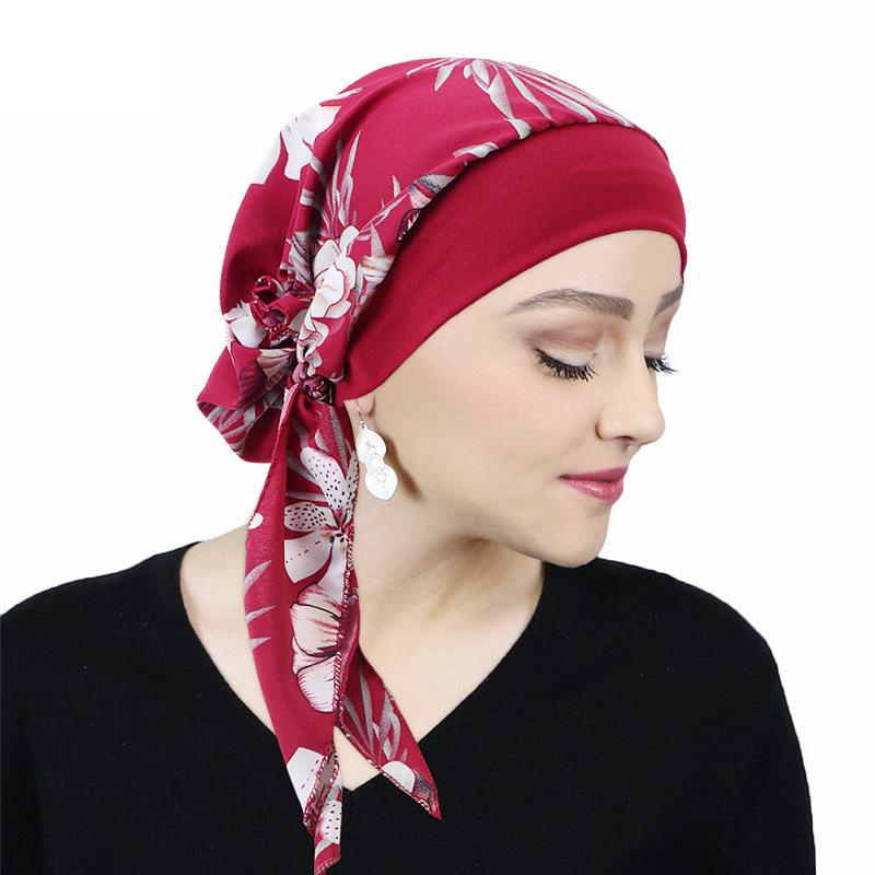 Women Pre-Tied Turban Cap Headscarf Muslim Hijab Cancer Chemo Flower Print Hat Cover Hair Loss Head Scarf Wrap Strech Bandana