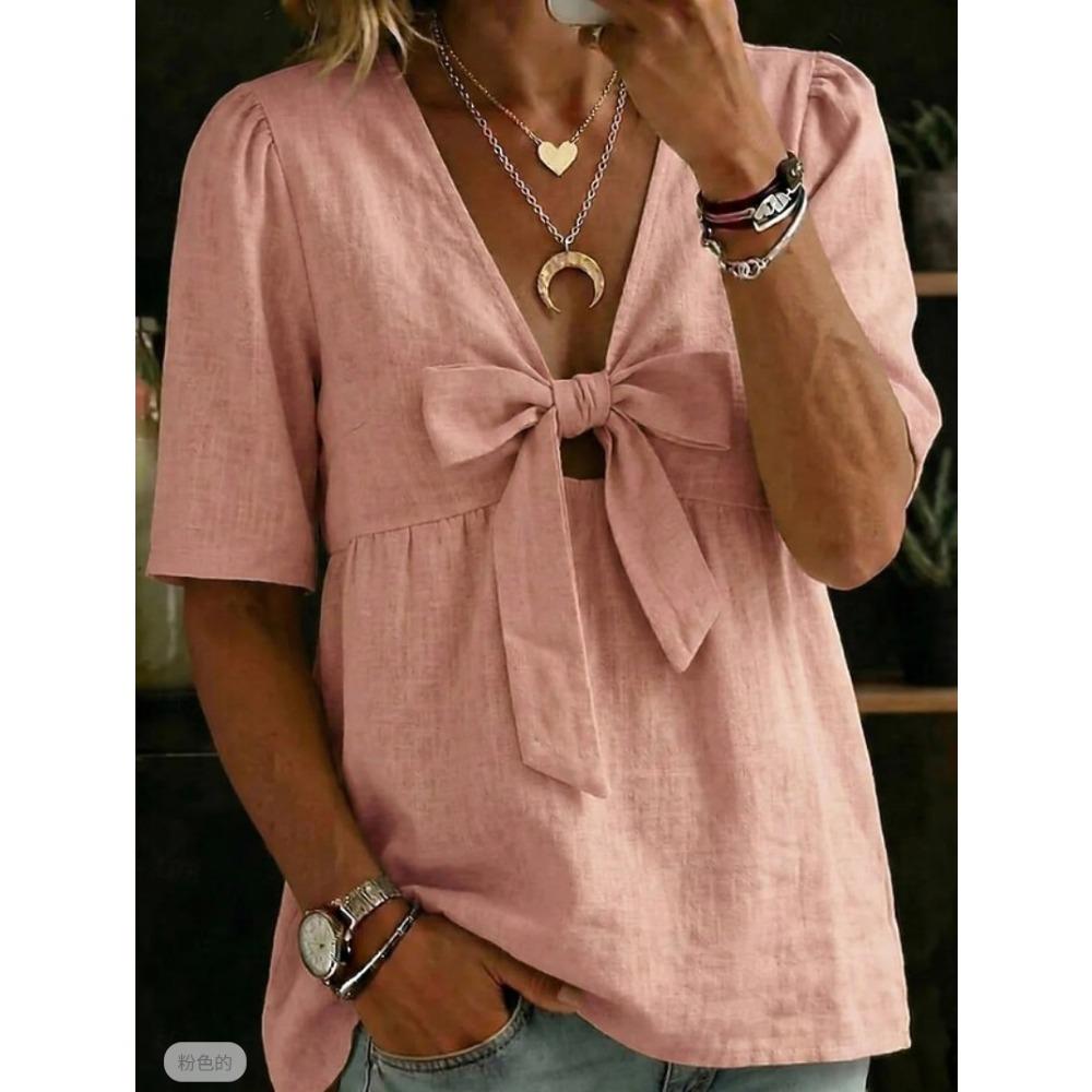 Women New Summer Fashion Loose Casual V-neck Tie Bow Blouse