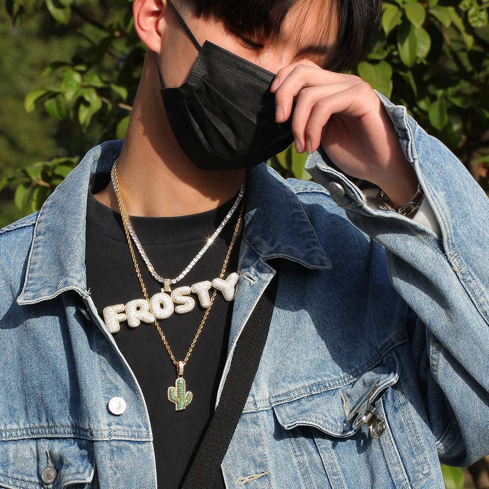 [Rockyu] Men's Necklace, Gold, AAA Zirconia, Plant/Cactus Pendant, Cool Necklace, 24-inch Stainless Steel Chain, Rock Style, European/American Style (