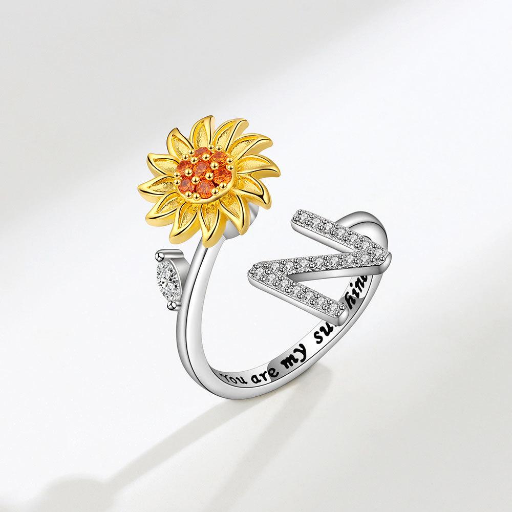 Creative Sunflower Rotating Ring 26 Letters Adjustable Open Design Women's Fashion Finger Jewelry Daily Wear & Gift Accessories