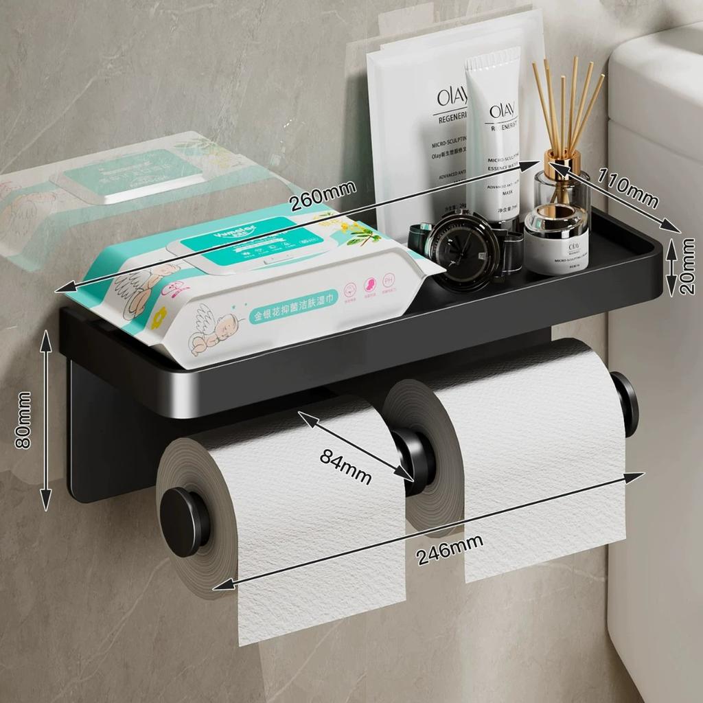 Gray Toilet Paper Holder with shelf Aluminum Black Tissue Paper Holder Milk Cream Paper Roll Holder With Phone Storage Shelf