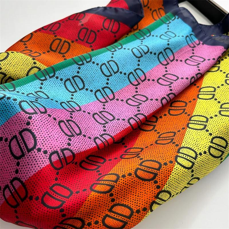 70*70cm Korean Rainbow Silk Square Scarf Women Print Satin Shawl Wrap Hijab Female Bind Hair Band Wrist Luxury Headkerchief