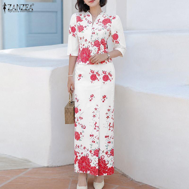 ZANZEA Dames Blouse met 3/4 Mouwen en Kokerrok Bloemenprint Elegante Tweedelige Pakken Sets