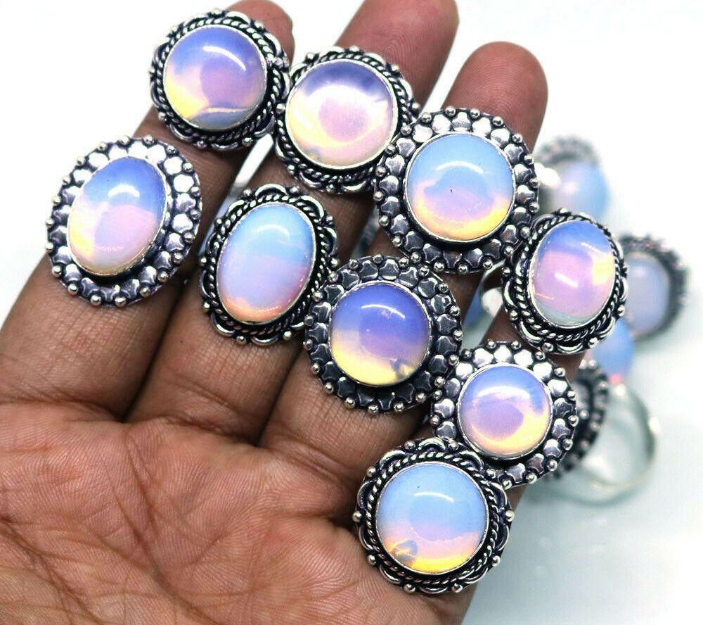 

10Pcs Opalite Gemstone 925 Sterling Silver Plated Кольца оптом JOR-R104