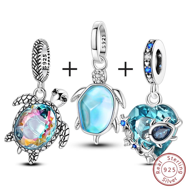 

100% Серебряные Шармы Бусины Синяя Черепаха Морская Звезда Шарм Подходят для Оригинального Браслета Подвеска Женский DIY Изысканные Ювелирные Изделия Подарок