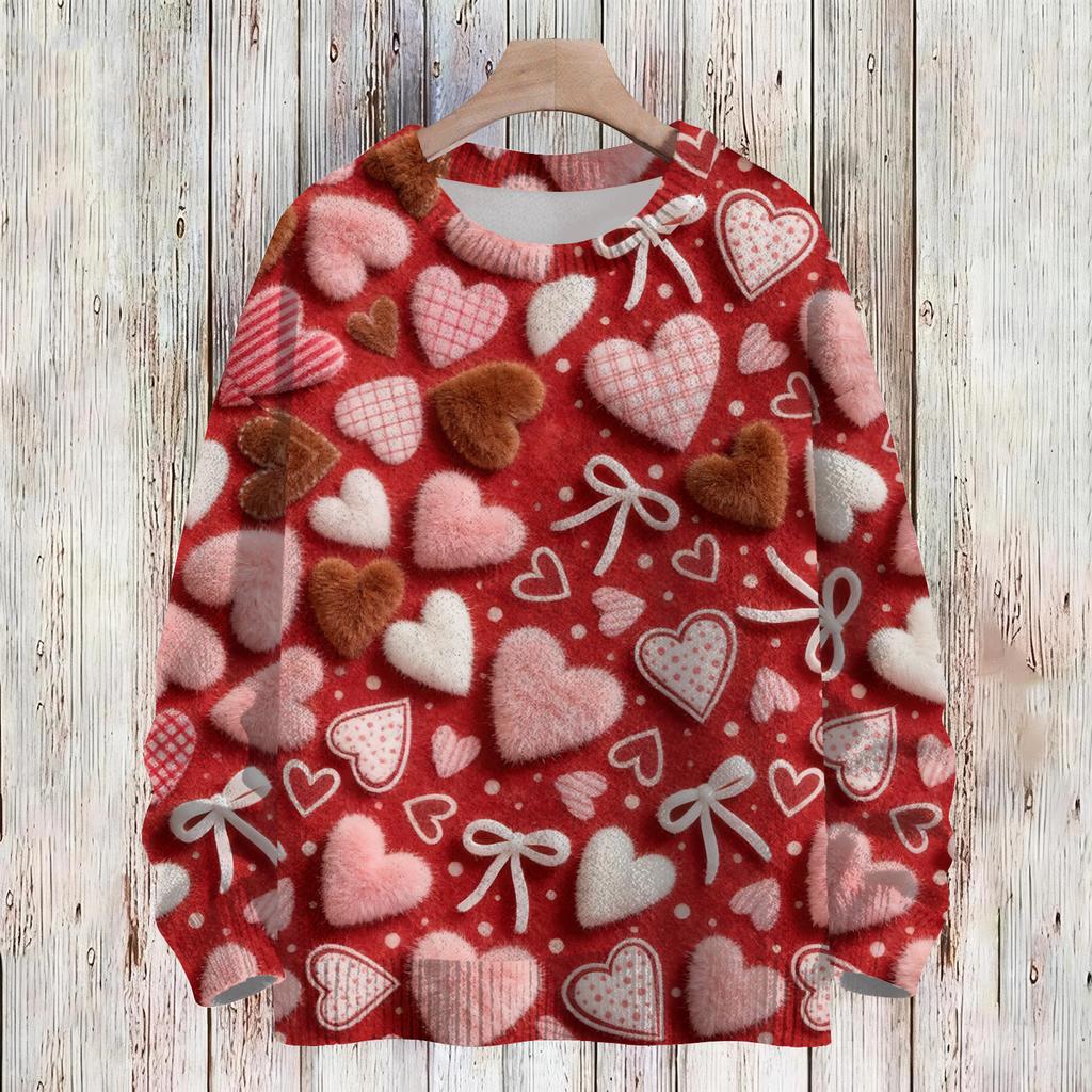 Women's Fashion Casual Long,Sleeve Valentine's Day Round,Neck Knit Pullover Top