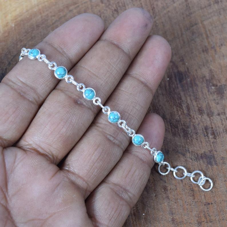 Solid 925 Sterling Silver Turquoise Round Gemstone Handmade Designer Birthstone Bracelet Women Jewelry