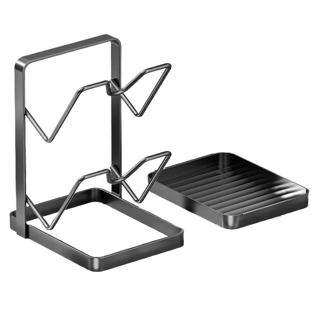 Pan Lid Organizer 2-Tier Storage Stand Lid Holder with Drip Tray for Spatula Ladle Spoon Kitchen Countertop