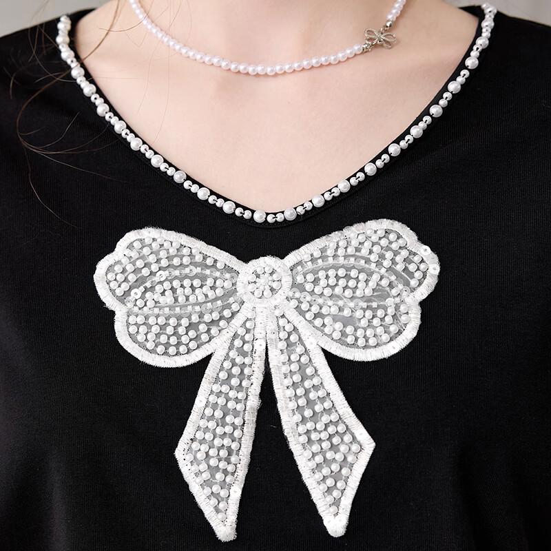 Women's Beaded Bowknot V-Neck Short Sleeve Slim Fit T-Shirt