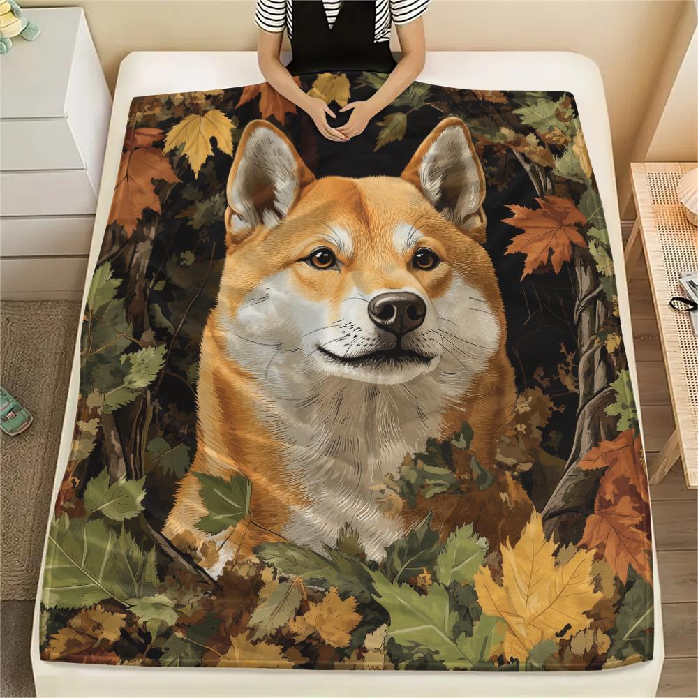 Shiba Inu and Leaves Pattern Flannel Blanket, High Quality Comfortable for All Seasons, Home Decor, Warmth and Comfort, Perfect for Gifts.