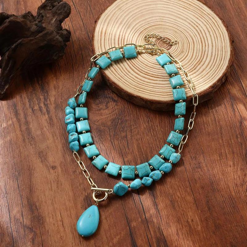 Turquoise Stone Beaded Necklace With Water Drop Pendant Blue Green Beads Layered Look Daily Jewelry For Women Casual Commuter Style 41-50 Cm