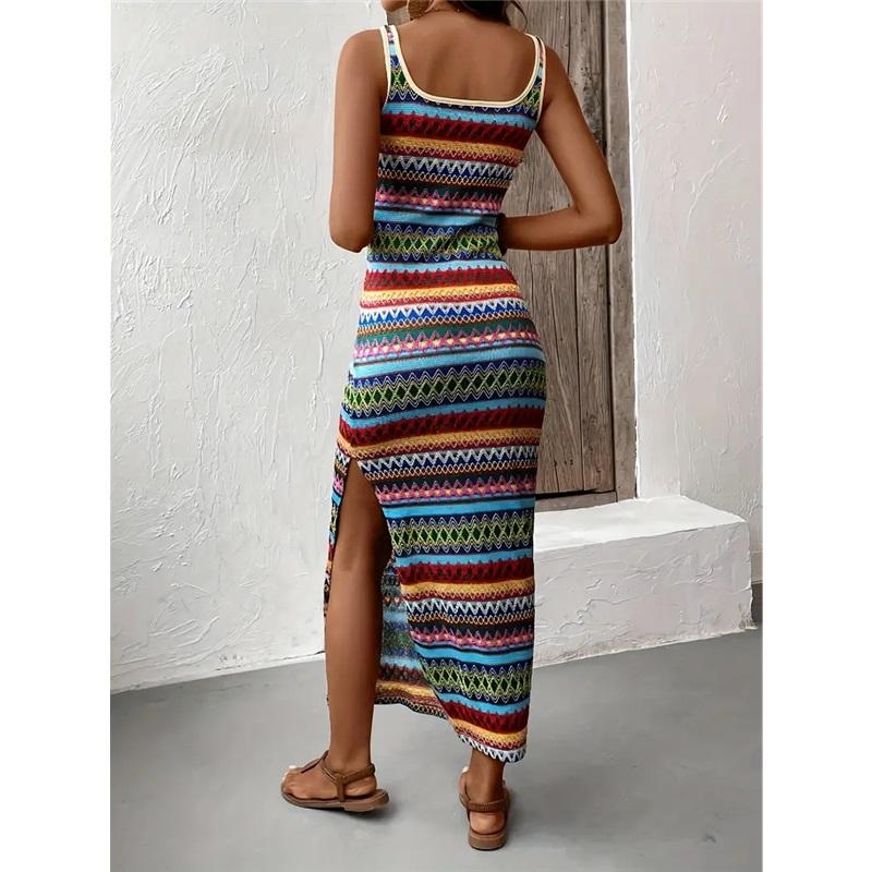 Street Fashion Casual Randig Ärmlös Fyrkantig Krage Klänning Dam