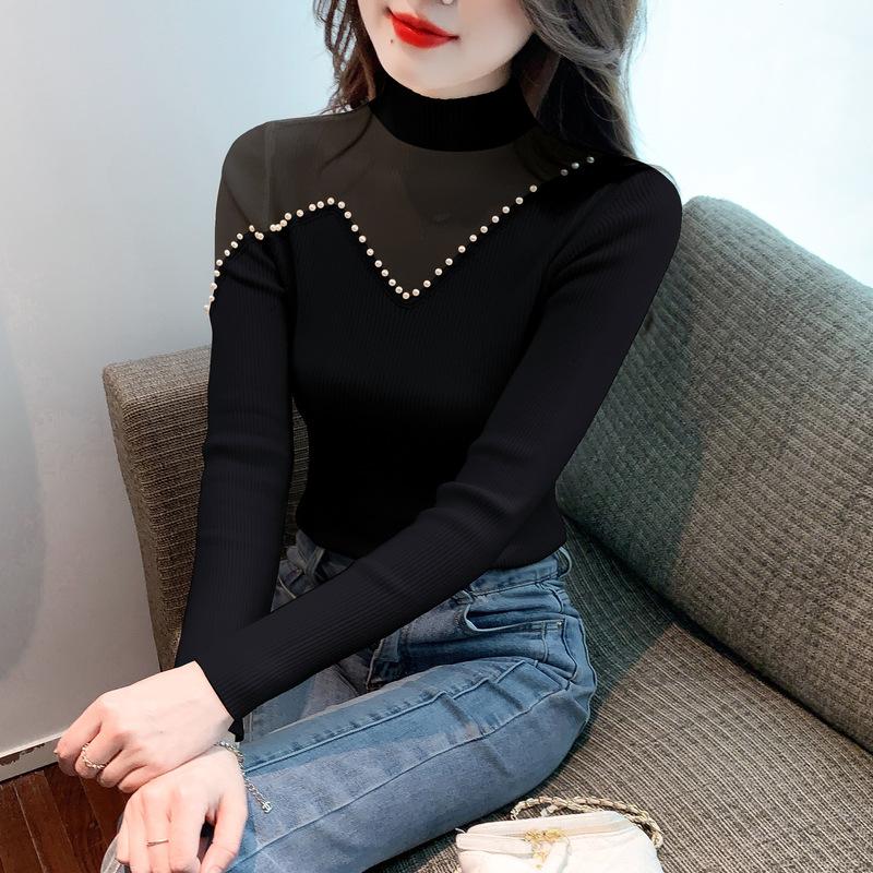 

Осенне-зимняя женская трикотажная одежда, узкая нижняя рубашка, трикотаж с полувысоким воротником, украшенный бисером, топы с длинными рукавами One Size чёрный